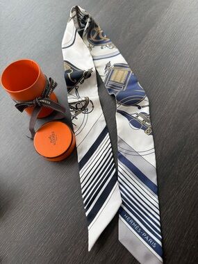 Hermès Navy and White Striped Silk Hair Scarf (authentic with certification)